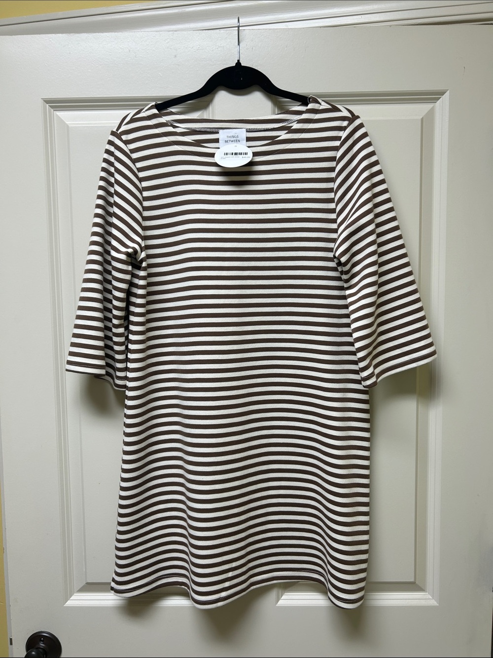 Brown and White Striped Long-Sleeve Boatneck Dress Size Small